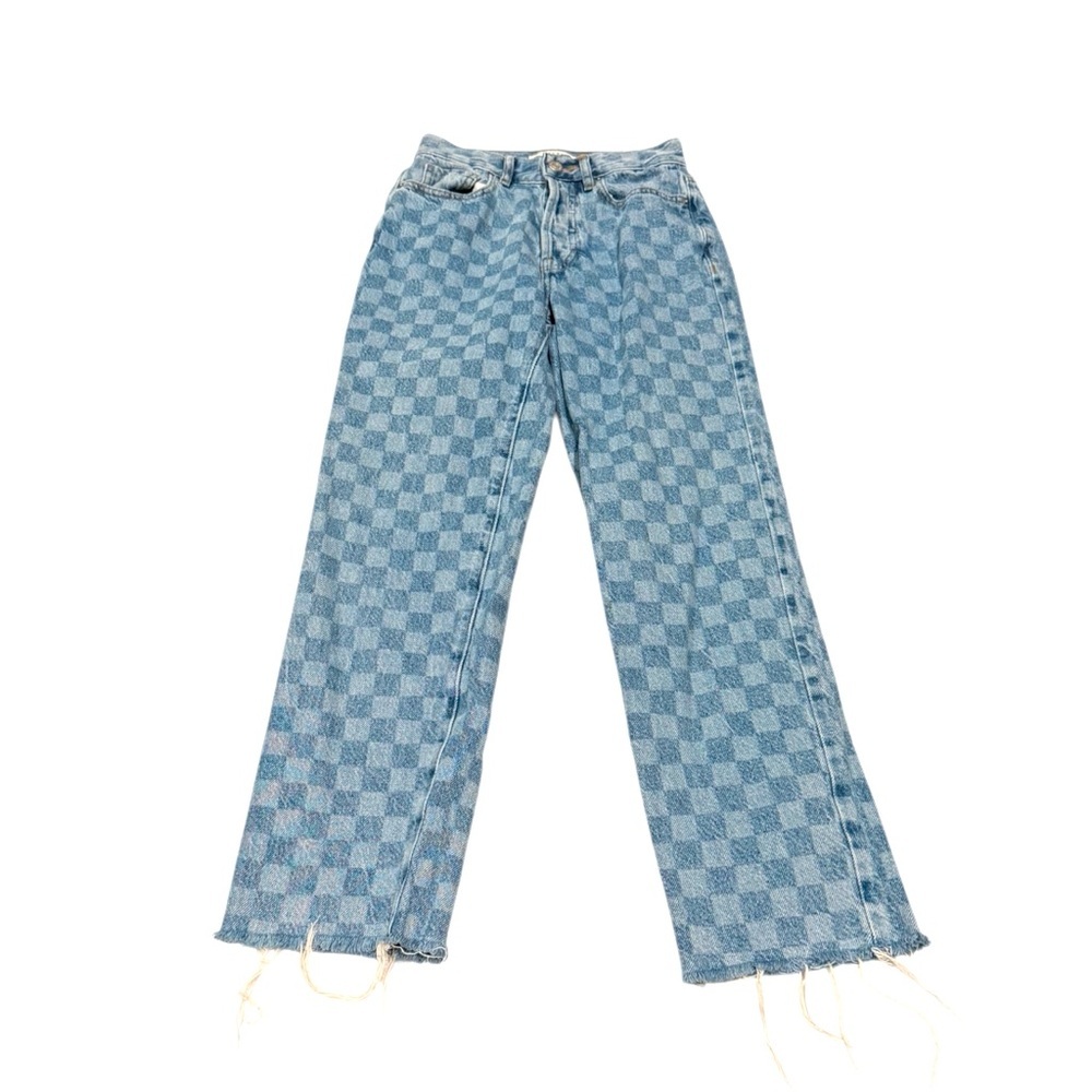 Light Blue Checkerboard Wide-Leg Jeans